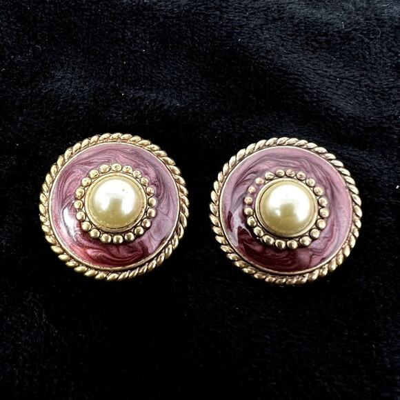Earrings Round Pearl Like Dome Rope Clip On Vintage VTG Fashion 60s 70s 80s - Picture 2 of 3